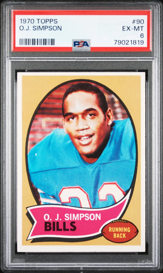 PSA-graded 1970 Topps Buffalo Bills OJ Simpson football card in protective case