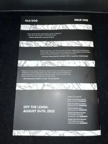 Comic book back cover of OLD DOG #0 promo ashcan image signed by Declan Shalvey