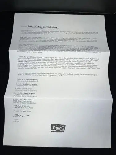 Folded letter for OLD DOG #0 Promo Ashcan Image Comics signed by Declan Shalvey Auto