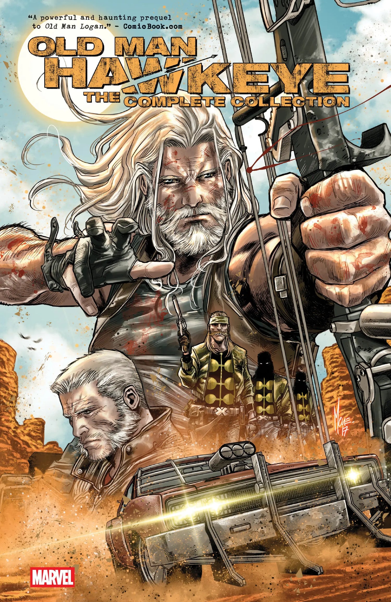 Comic book cover of Old Man Hawkeye, the avenging archer in desert landscape illustration