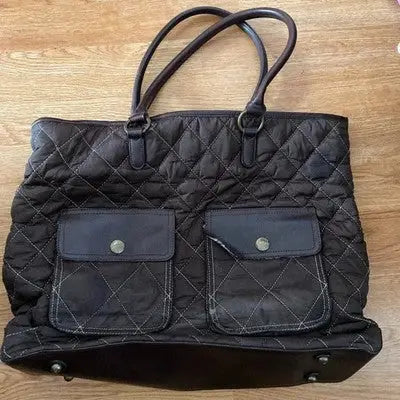 Dark brown quilted tote bag with front pockets and shoulder straps, Navy Brown Quilted style