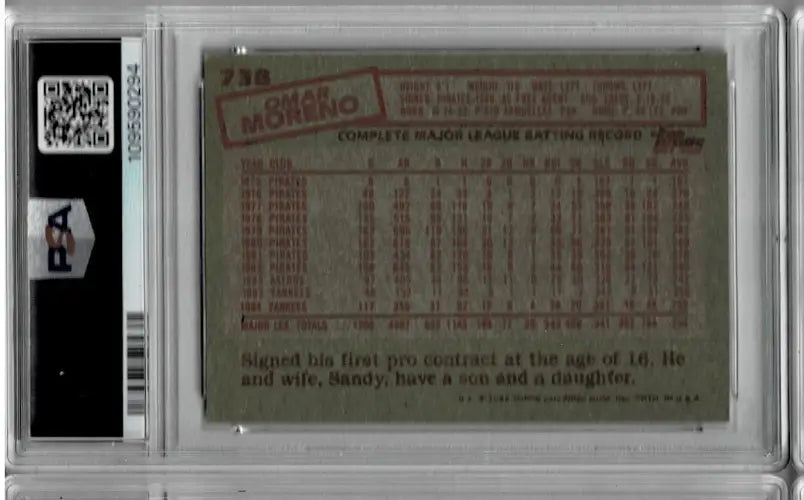 Graded Omar Moreno 1985 Topps trading card PSA DNA authenticated NY Yankees signed card
