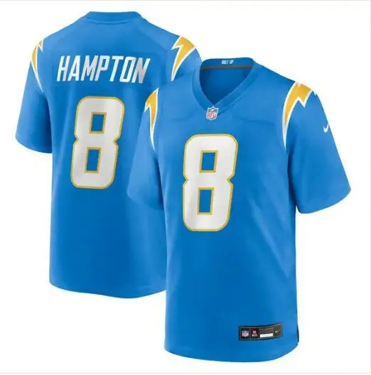 Blue NFL Omarion Hampton Los Angeles Chargers jersey with number 8 and HAMPTON on back