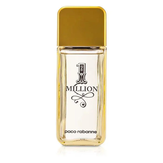 Gold-capped glass perfume bottle with light-colored liquid for One Million After Shave Lotion