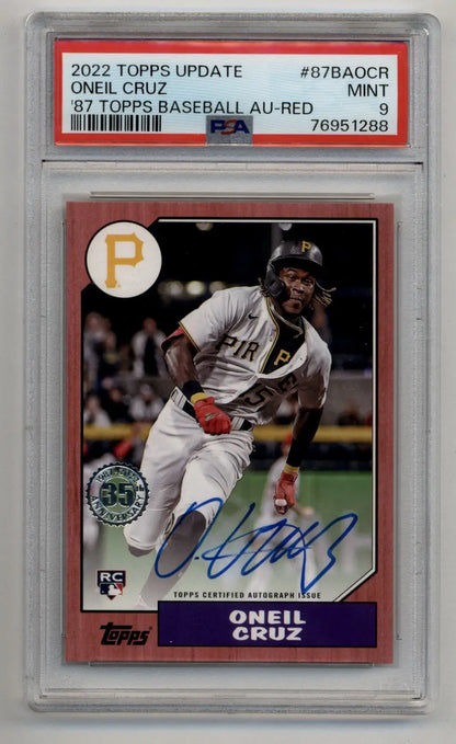 PSA-graded 2022 Topps Update Oneil Cruz Topps Red Auto baseball card with autograph