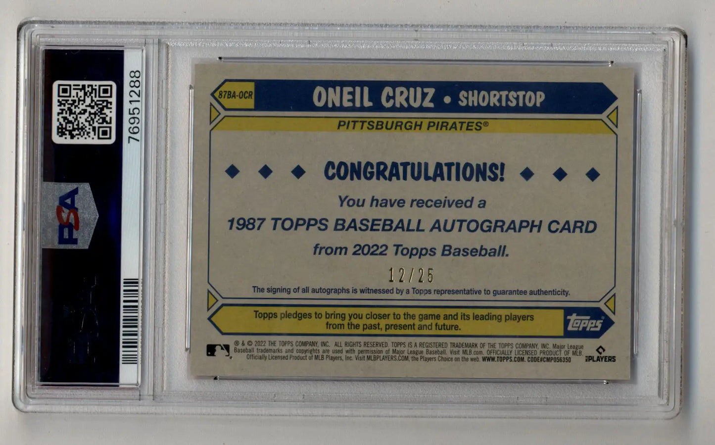 Graded O’Neil Cruz 1987 Topps Baseball autograph card featuring Topps Red Auto, PSA 9 Mint