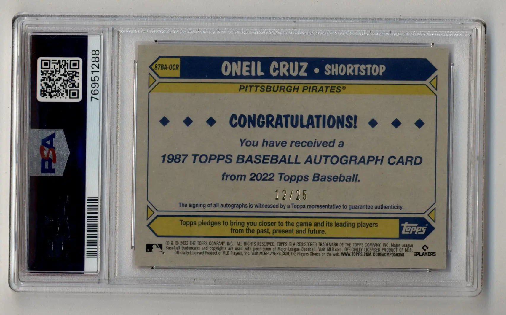 Graded O’Neil Cruz 1987 Topps Baseball autograph card featuring Topps Red Auto, PSA 9 Mint