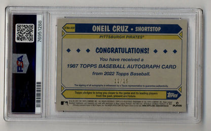 Graded O’Neil Cruz 1987 Topps Baseball autograph card featuring Topps Red Auto, PSA 9 Mint
