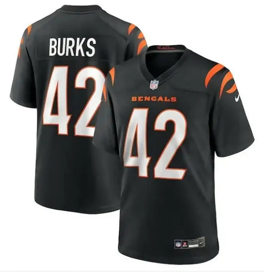 Black Cincinnati Bengals Nike team game jersey with Burks 42 in white with orange outlines