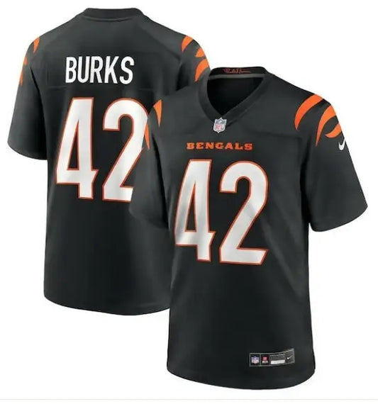 Men’s black Cincinnati Bengals football jersey with BURKS and 42 in white lettering
