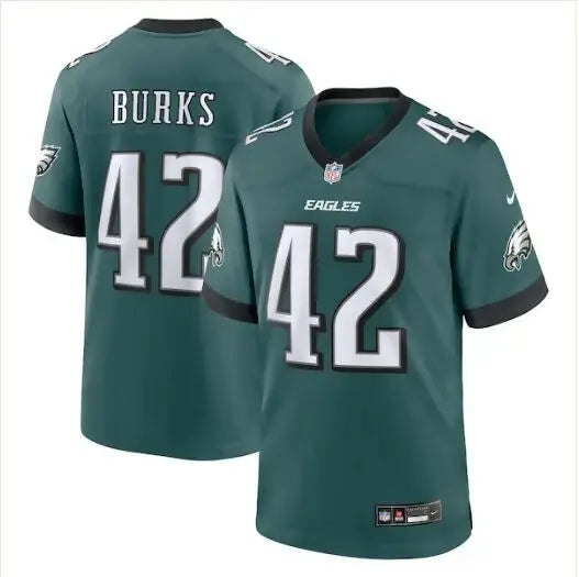 Green Philadelphia Eagles Nike Game Jersey with BURKS 42 on back and front