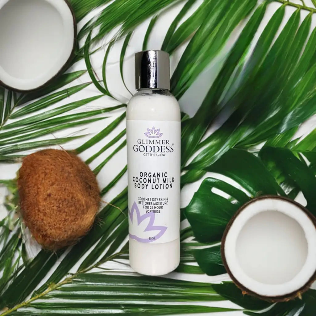 White bottle of Organic Coconut Milk Body Lotion with silver cap for soft, smooth skin