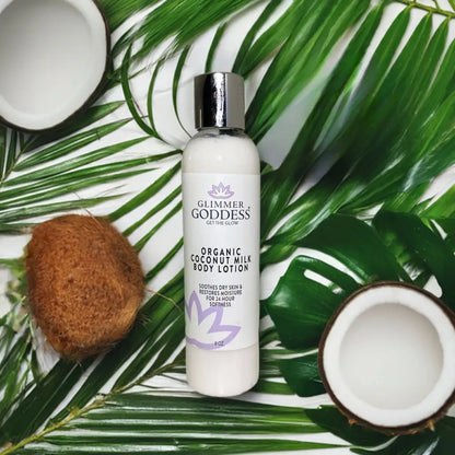 White bottle of Organic Coconut Milk Body Lotion with silver cap for soft, smooth skin