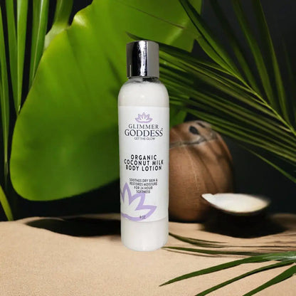 White bottle of organic coconut milk body lotion with silver cap for soft skin