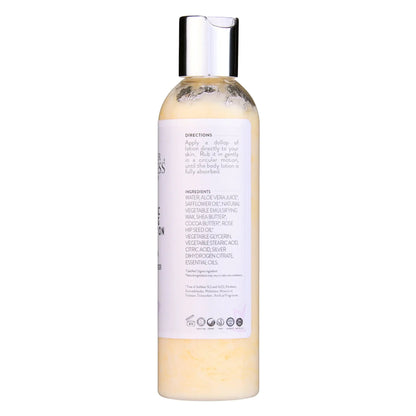 Organic Firming Body Lotion bottle with light yellow body lotion and silver flip-top cap
