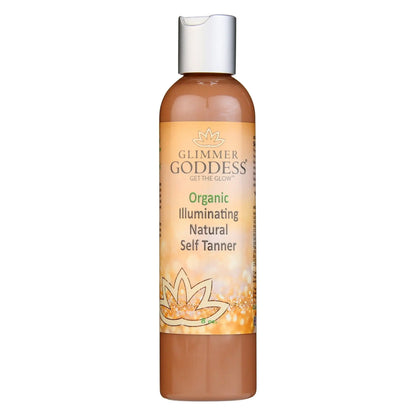 Brown bottle of Organic Self Tanning Lotion with silver cap for a goddess glow, chemical-free formula