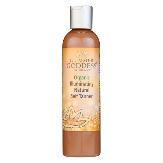 Brown bottle of Organic Self Tanning Lotion with silver cap for a goddess glow, chemical-free formula