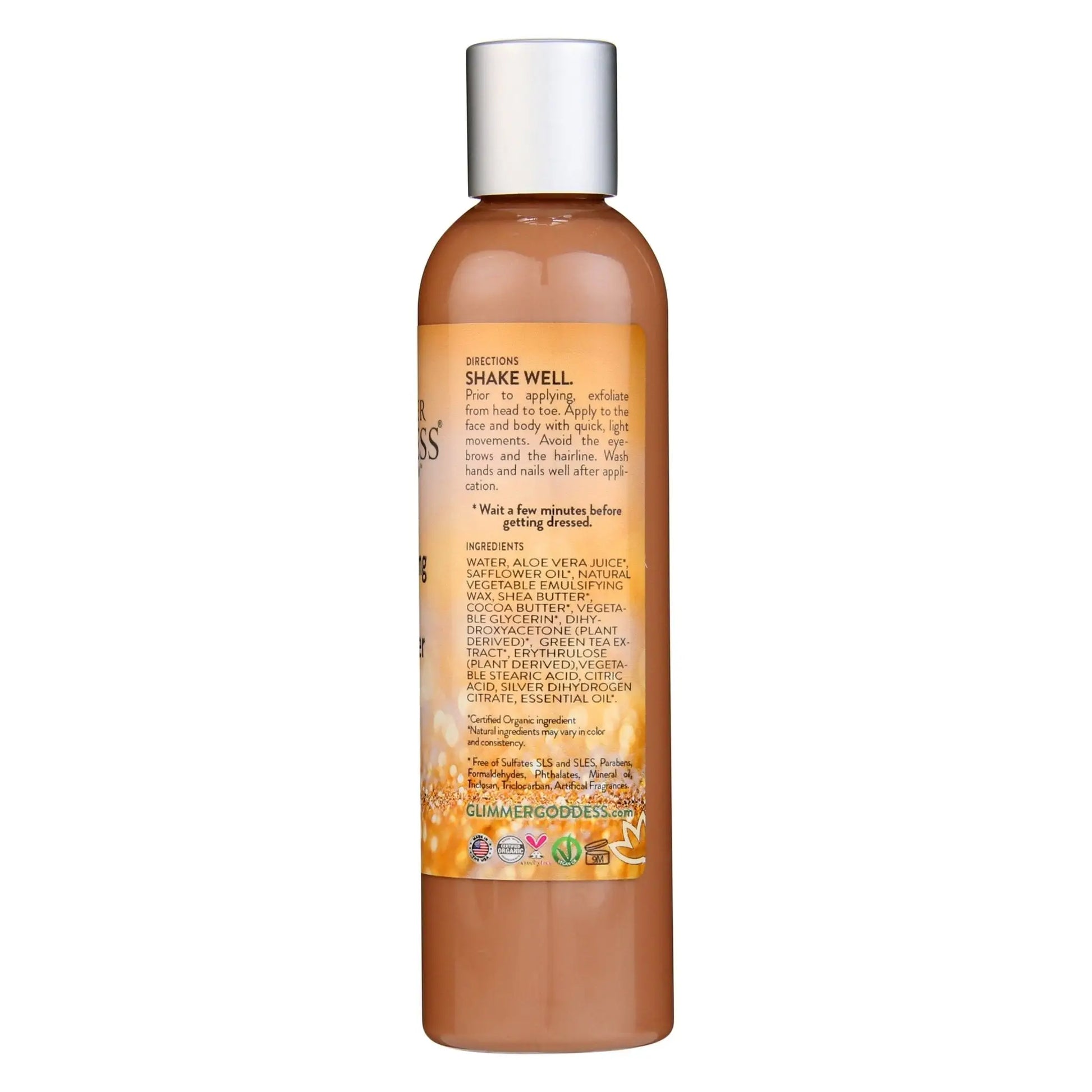 Organic Self Tanning Lotion with brown liquid in plastic bottle and silver cap for goddess glow