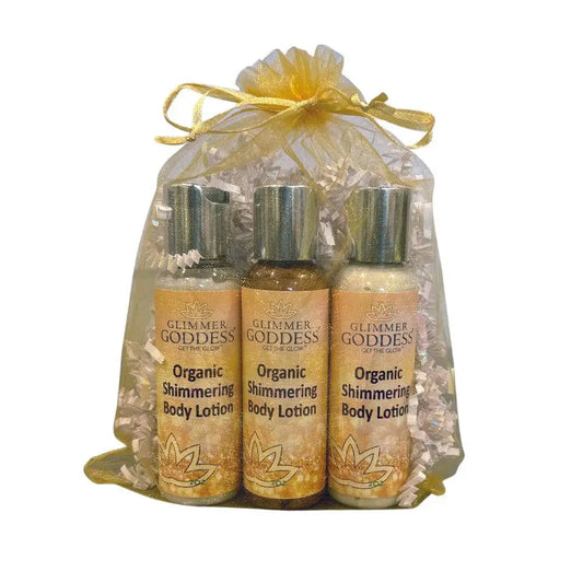 Organic shimmer body lotion gift set in gold organza bag, perfect shimmer body gift