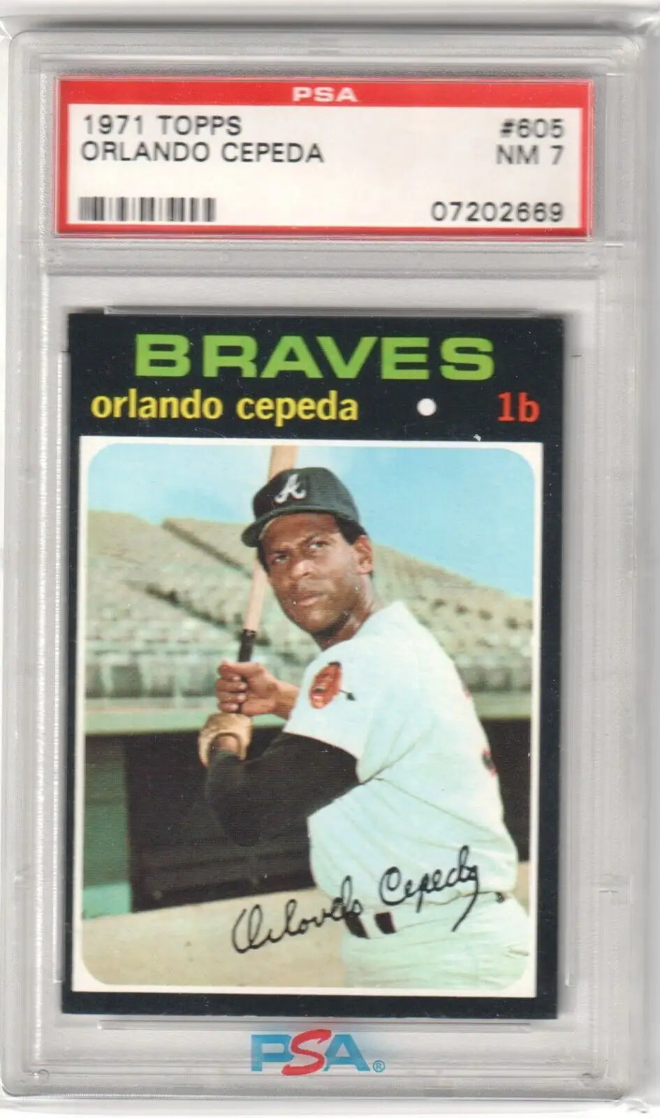 Graded 1971 Topps Orlando Cepeda baseball card in display case, PSA 7 NM condition