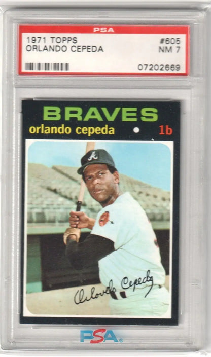 Graded 1971 Topps Orlando Cepeda baseball card in display case PSA 7 NM
