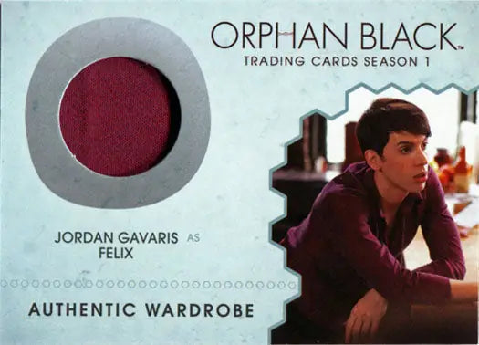 Orphan Black trading card featuring wardrobe swatch and character image of Felix