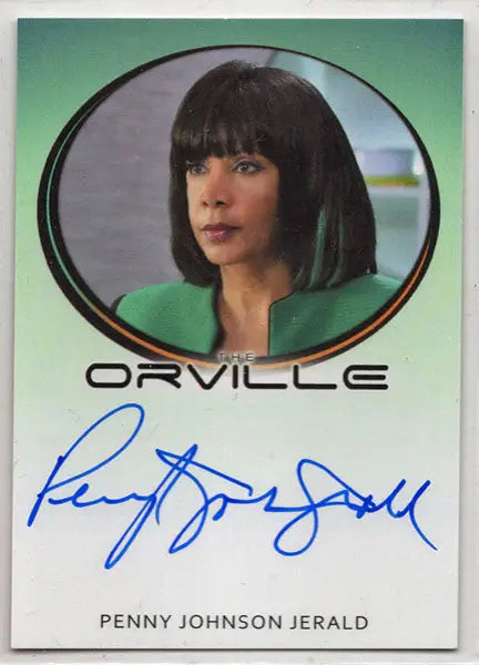 Autographed trading card of Penny Johnson Jerald as Dr. Claire Finn in green outfit