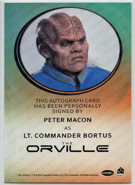Autograph card of Peter Macon as Commander Bortus from The Orville, featuring alien portrait