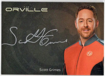 Promotional photo card of The Orville featuring Scott Grimes in orange uniform silver autograph card