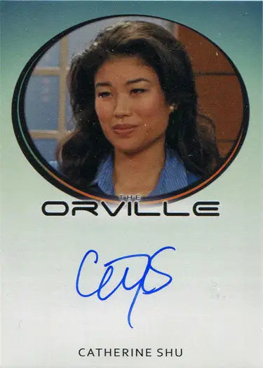 Autograph card of Catherine Shu as Hoshel with Orville logo in trading cards collection