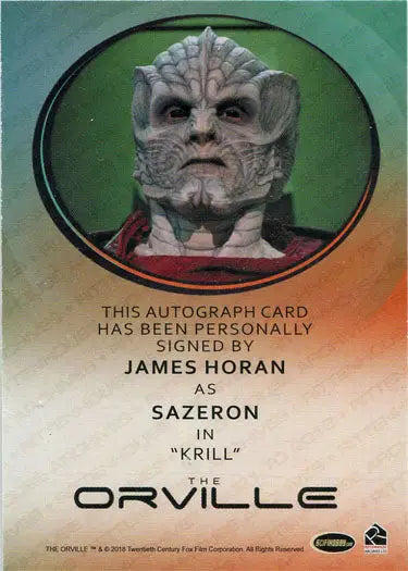 Autograph card of James Horan as Sazeron from The Orville TV series trading cards