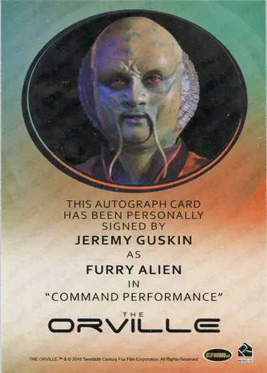 Autograph card featuring Jeremy Guskin as a furry alien from The Orville TV series