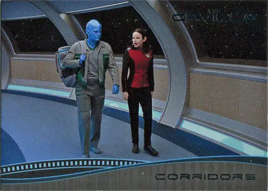 Two figures in a futuristic corridor on a trading card from Orville Season 1
