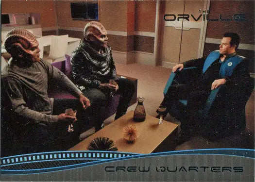 Scene from Orville Season 1 showcasing alien characters in trading cards format