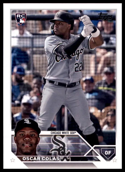 Oscar Colas baseball card from 2023 Topps Rookie set featuring Chicago White Sox player