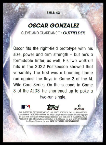 Oscar Gonzalez 2023 Topps Stars of MLB baseball card back side detail