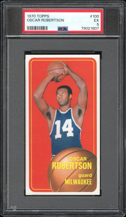 PSA-graded Oscar Robertson 1970 Topps #100 trading card featuring player in blue jersey