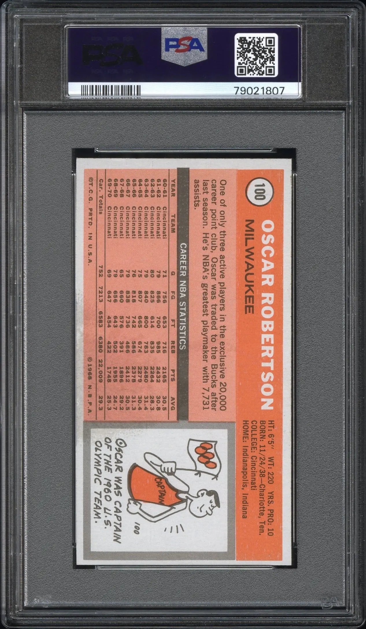Oscar Robertson 1970 Topps #100 baseball card in graded holder with barcode
