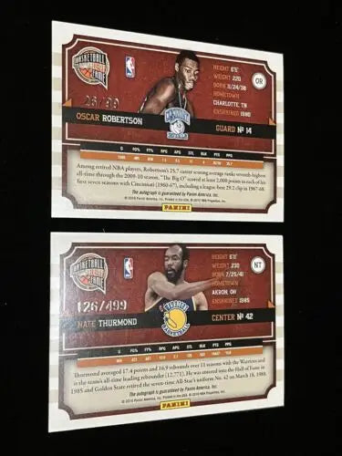 Oscar Robertson and Nate Thurmond Auto 2010 Panini Famed Signatures Card Lot displayed