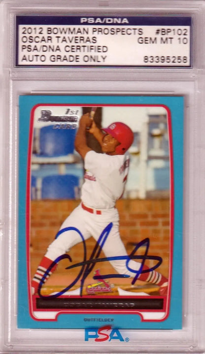 Graded Oscar Taveras autographed baseball card from Bowman Prospects autograph series