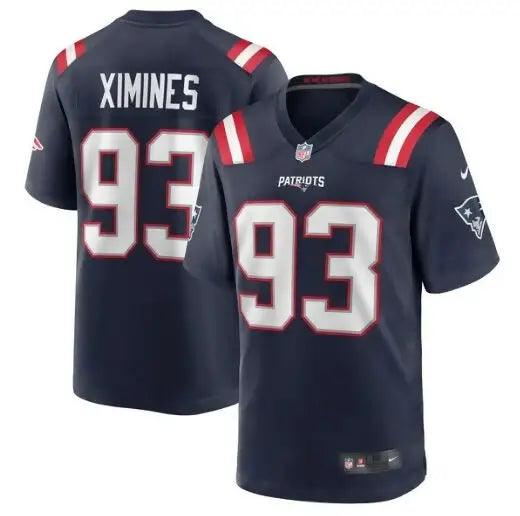 Navy blue New England Patriots Nike Game Jersey with Oshane Ximines number 93