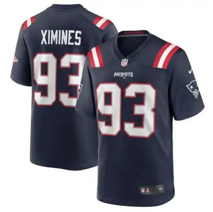 Navy blue New England Patriots Nike Game Jersey with Oshane Ximines number 93