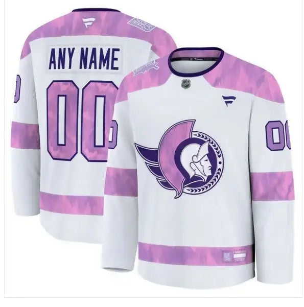 White and purple Ottawa Senators 2024 Hockey Fights Cancer custom practice jersey