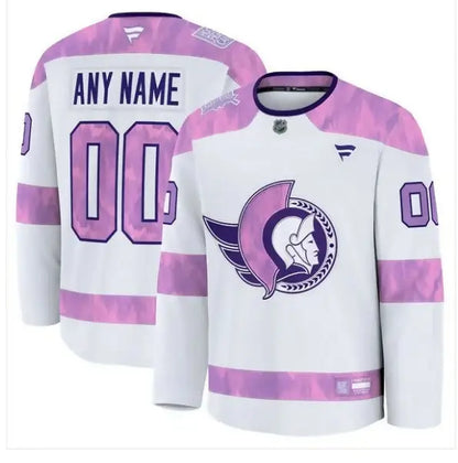 White and purple Ottawa Senators 2024 Hockey Fights Cancer custom practice jersey
