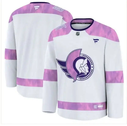 White Ottawa Senators 2024 Hockey Fights Cancer Practice Jersey with purple accents and team logo
