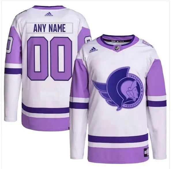 White and purple Ottawa Senators hockey jersey with logo for Hockey Fights Cancer