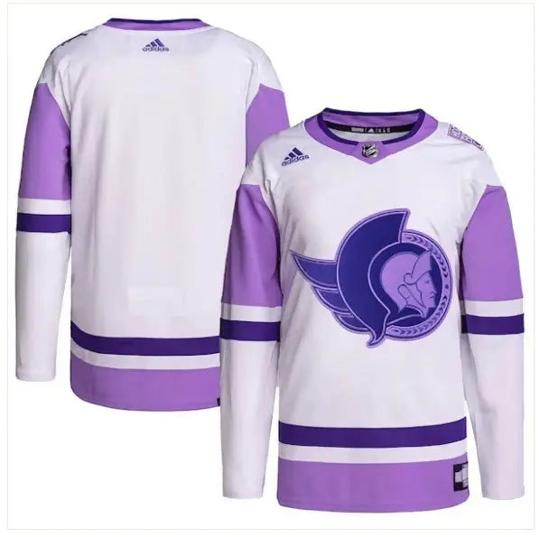White and purple Ottawa Senators hockey jersey with winged Roman soldier logo