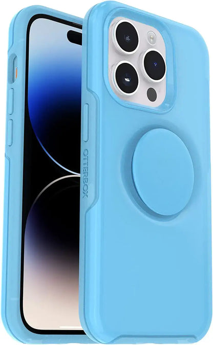 Light blue OtterBox + POP SYMMETRY SERIES iPhone 14 Pro Max case with wireless charging