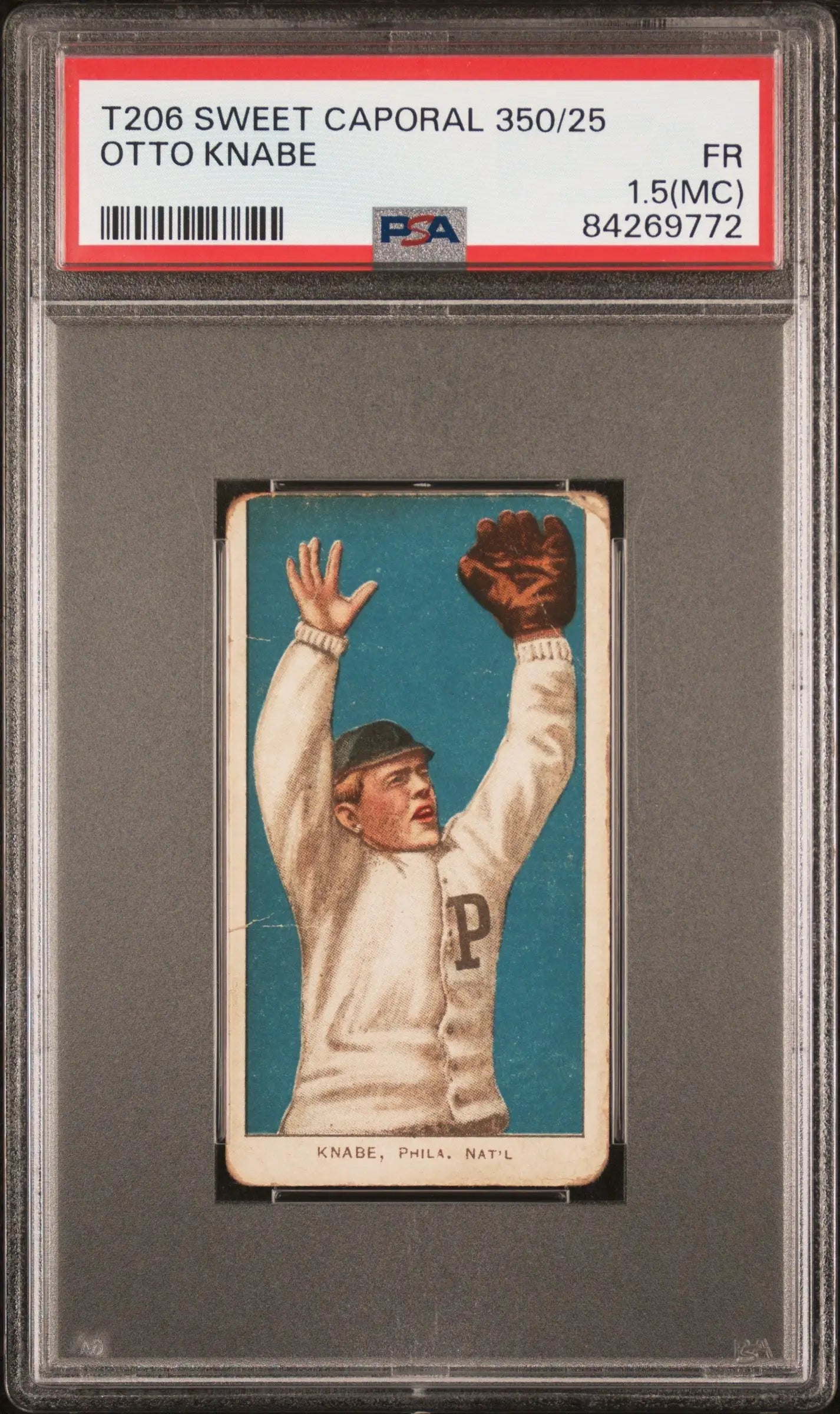 Otto Knabe T206 Sweet Caporal baseball card of player catching ball against blue background