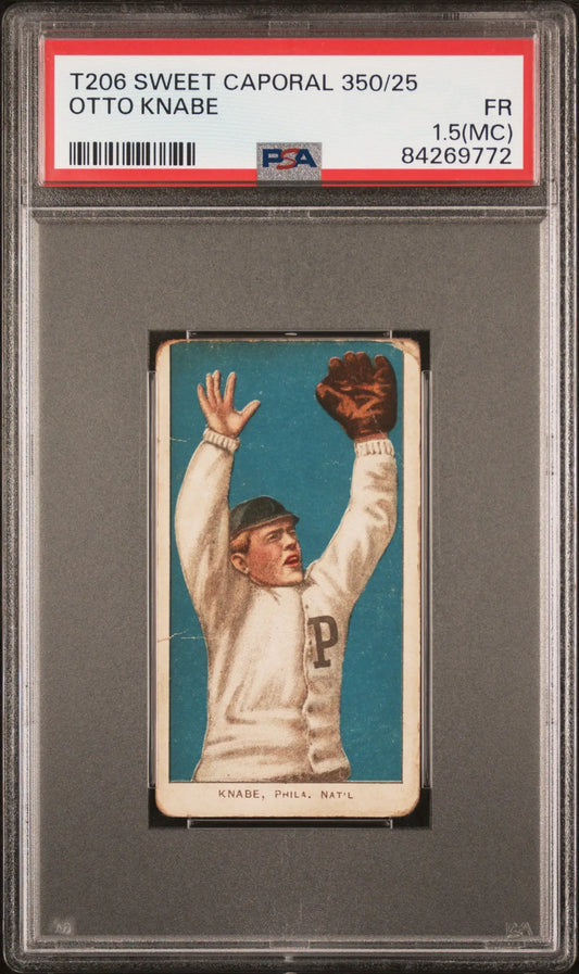Otto Knabe T206 Sweet Caporal baseball card of player catching ball against blue background